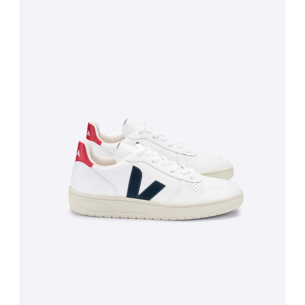 Women\'s Veja V-10 LEATHER Sneakers White/Black/Red | SG 664NWY